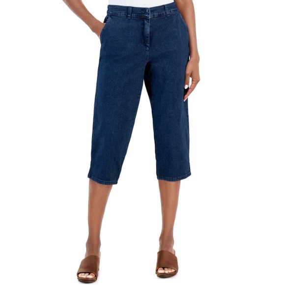 Karen Scott Pants Womens 14 Blue Denim Capri Cropped Woven Overcast Stretch NWT - Picture 1 of 8